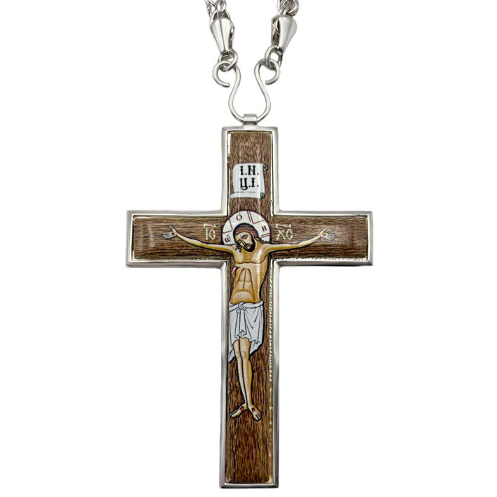 Brass pectoral orthodox cross in silver plated with chain
