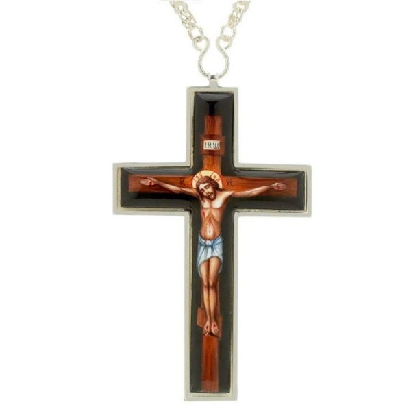 Brass pectoral orthodox cross in silver plated with chain