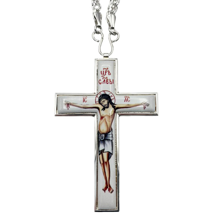 Brass pectoral orthodox cross in silver plated with chain