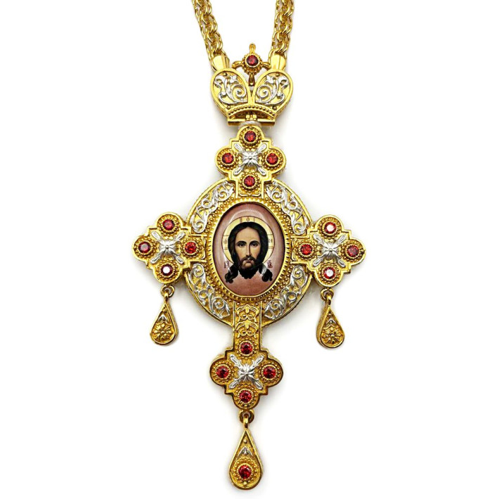 Priest's pectoral cross made of brass in gilt with jewelry and chain