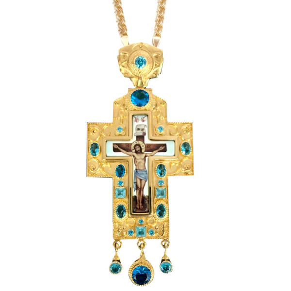 Cross with chain for clergy, gilded brass cross with print