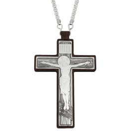 Wooden priest's cross with a silver-plated brass inlay and a chain