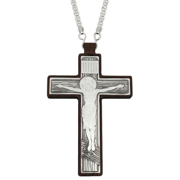 Wooden priest's cross with a silver-plated brass inlay and a chain