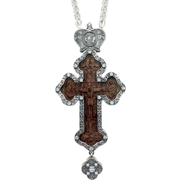 Priest's cross in brass with painted ash wood image and chain