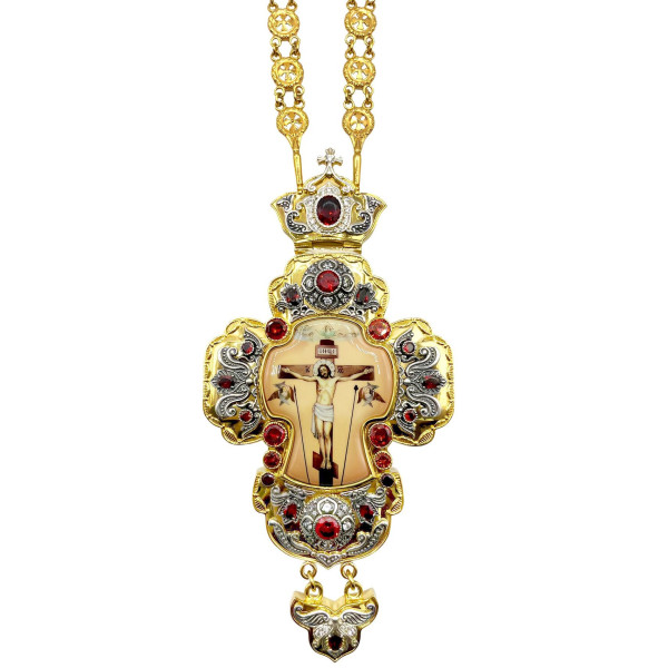 Priest's cross made of gold-plated brass with blackened accents and a chain