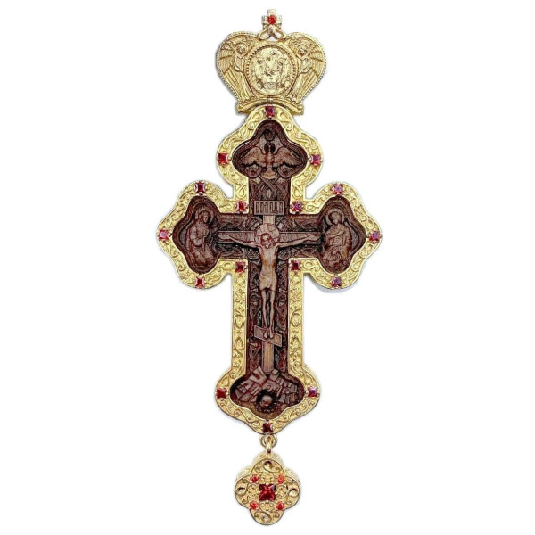 Cross for a priest made of gilded brass with an icon made of stained ash wood