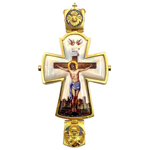Cross for a priest made of gilded brass with silver plating and blackening