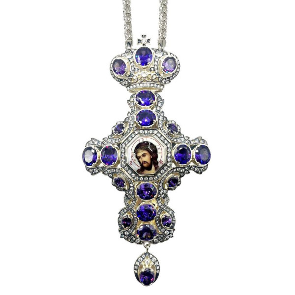 Cross for priest made of brass in silver plating with niello and chain