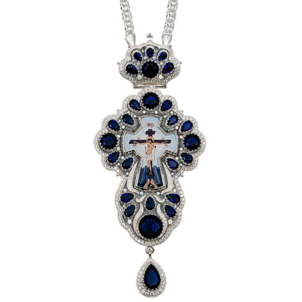 Cross for priest made of brass in silver plating with niello and chain