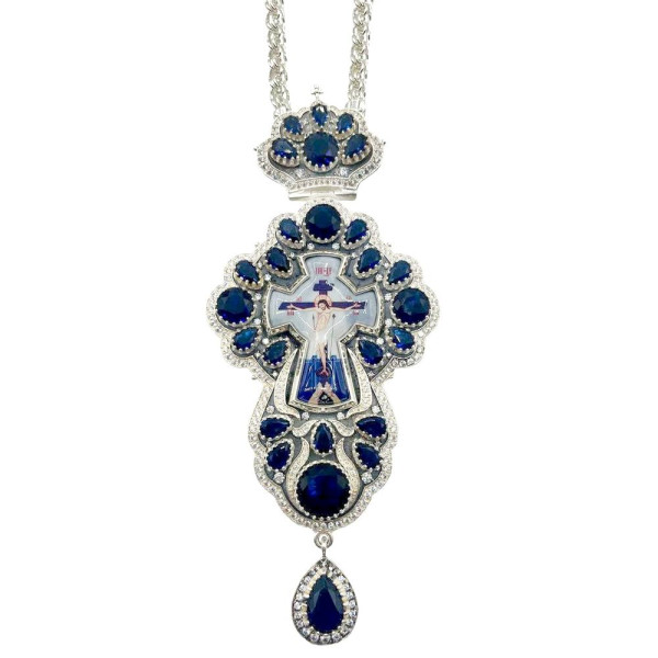 Cross for priest made of brass in silver plating with niello and chain