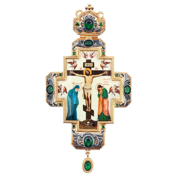 Cross for a clergyman made of brass with a gold-plated finish, silver plating and blackening