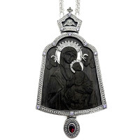Panagia archijerejska z mosazi ve stříbře s ebenovým obrazem a řetízkem