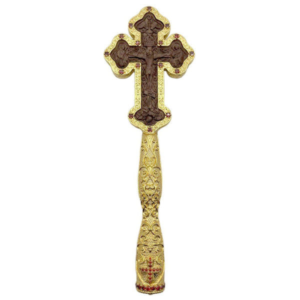 Cross for tonsure made of brass in gilding with carved image made of painted ash wood