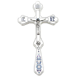 Silver-plated brass pectoral cross with niello and enameled finish