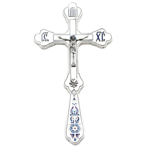 Silver-plated brass pectoral cross with niello and enameled finish