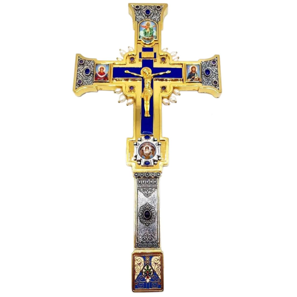 Altar cross made of brass, gilded with decorative blackening and enamel