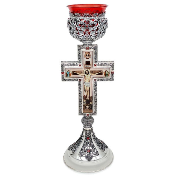 Altar lamp made of brass in silver plated with decorations