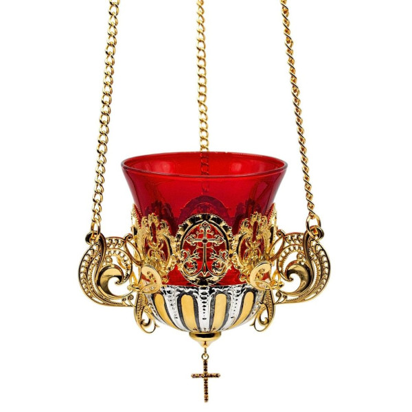 Brass pendant vigil lamp with fragmentary gilding