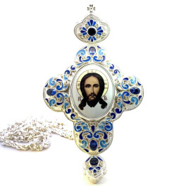 Cross for the priest silver-plated brass pectoral with enamel and chain 