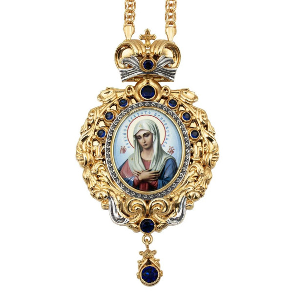 Archiepiscopal Engolpion made of brass in gilding with niello and chain