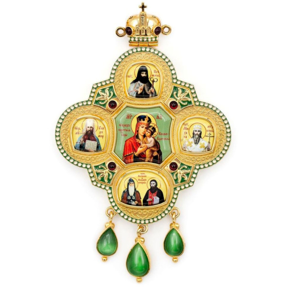 Bishop's Engolpion Panagia made of gilded brass with enamel