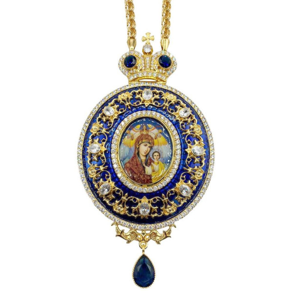 Archiepiscopal Engolpion brass icon in gilt with enamel and chain