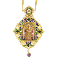 Archiepiscopal Engolpion made of brass in gilt with enamel and chain