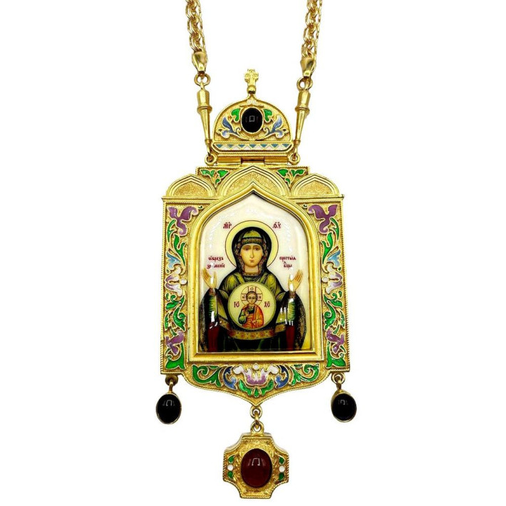 Panagia archijerejska z pozlaceného mosazi s emailem a řetízkem