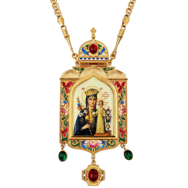 Panagia archijerejska z pozlaceného mosazi s emailem a řetízkem