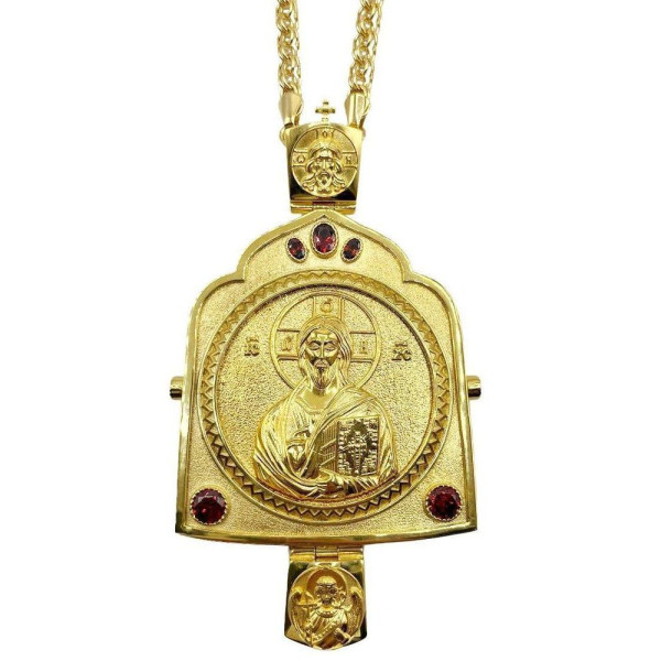 Archiepiscopal Engolpion in brass in gilt with cast image and chain