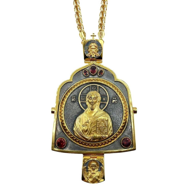 Archiepiscopal Engolpion in brass in gilt with cast image and chain