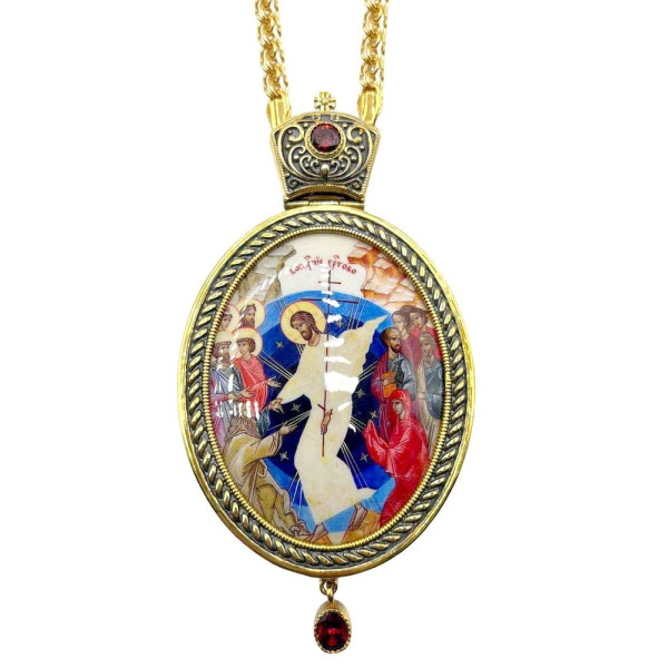Bishop’s Engolpion Panagia made of brass with gold plating and silver plating and a chain