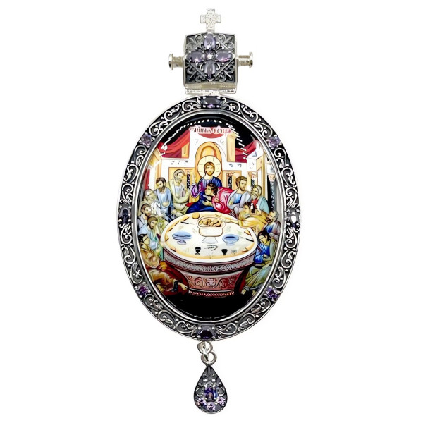 Bishop's Engolpion Panagia made of brass with blackened silver plating