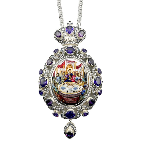 Archiepiscopal Engolpion made of silver-plated brass with blackened accents and a chain