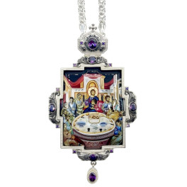 Archiepiscopal Engolpion made of silver-plated brass with blackened accents and a chain