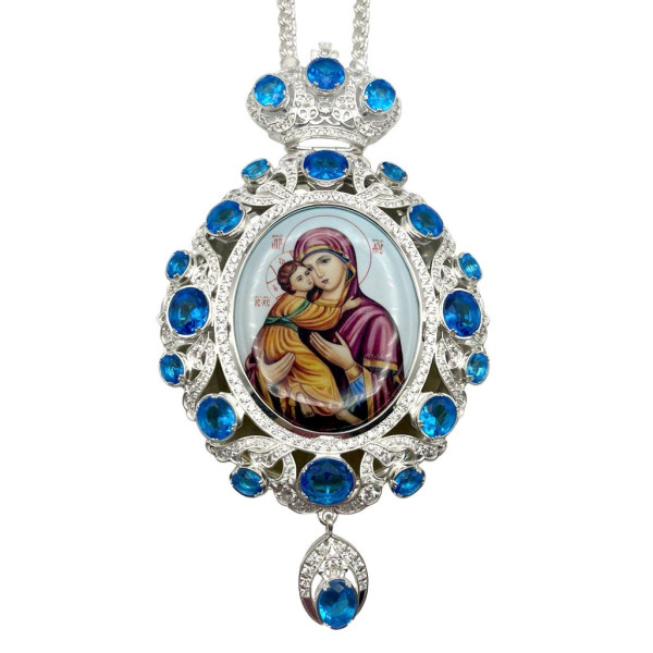 Orthodox Bishop Engolpion made of brass in silver with jewelry and chain