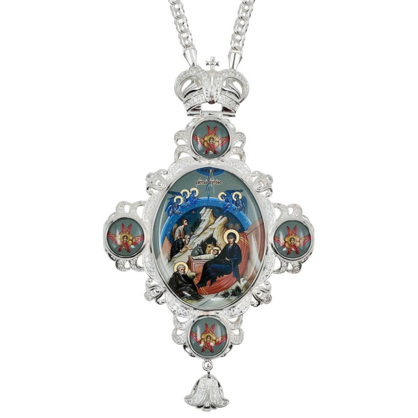 Archiepiscopal Engolpion made of silver-plated jewelry alloy with a silver-plated chain