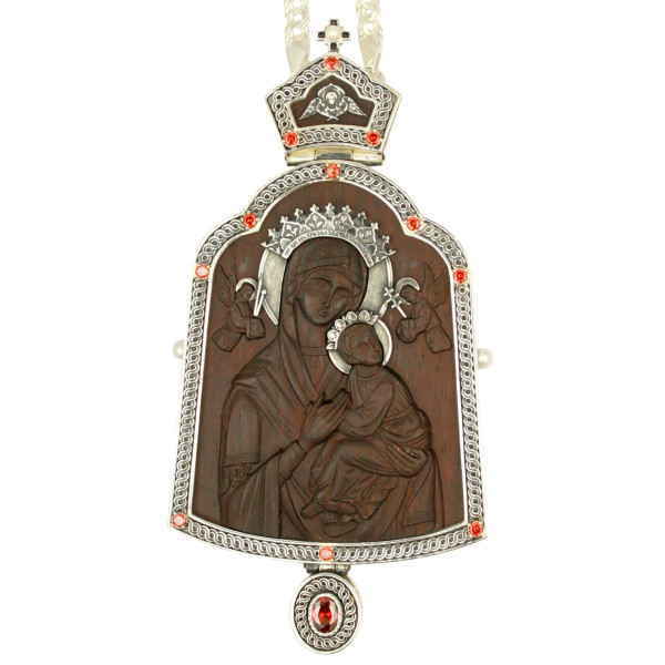 Panagia of Hierarchy made of brass in silver with wood image and chain