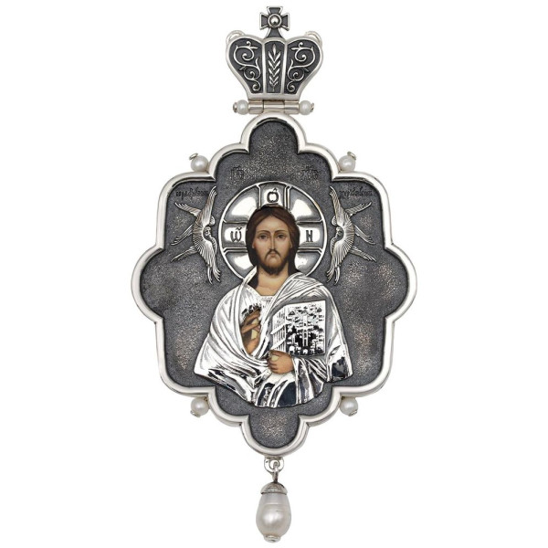 Bishop's Engolpion Panagia made of silver-plated brass with blackening