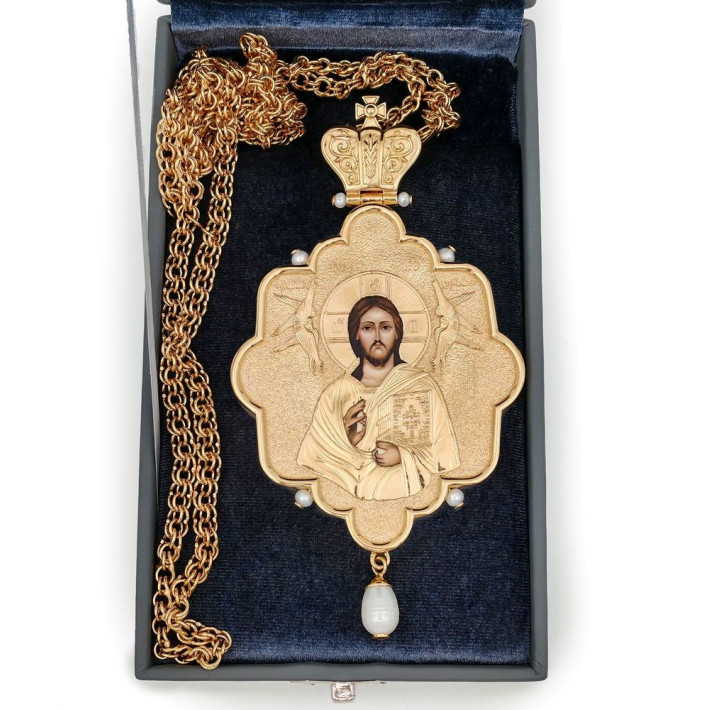 Archiepiscopal Engolpion with the Savior made of brass in gilding with chain