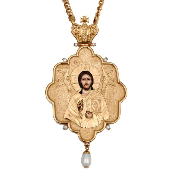 Archiepiscopal Engolpion with the Savior made of brass in gilding with chain