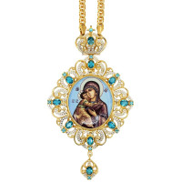 Panagia archijerejska z mosazi ve zlaceném provedení s postříbřenými šperky a řetízkem