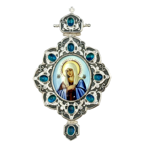 Panagia made of brass with a silver-plated finish and blackened accents