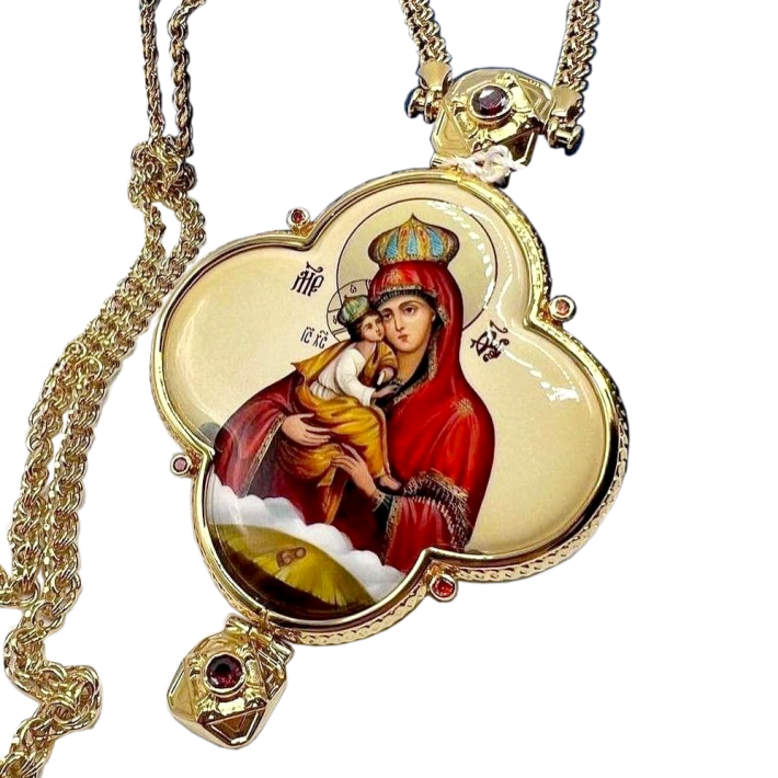 Panagia archijerejska ze zlacené mosazi s kubickými zirkony a řetízkem