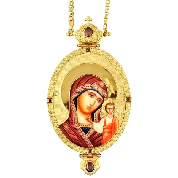 Archiepiscopal Engolpion made of brass in gilt with jewelry and chain