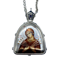 Mosazná panagia ve stříbře s kameny a řetězem