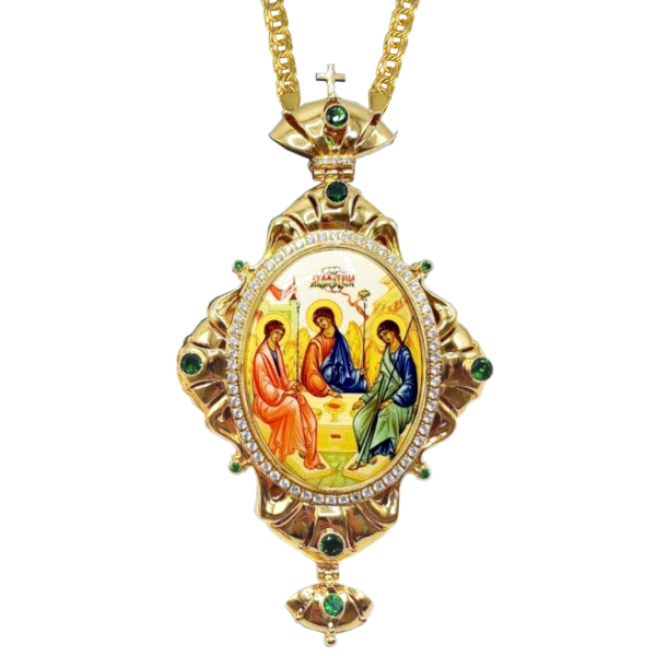 Archiepiscopal Engolpion made of brass in gilt with phianites and chain gilt with chain