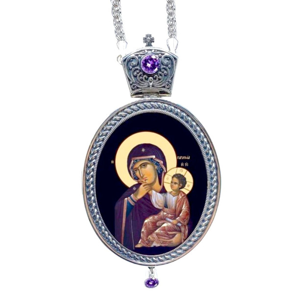 Brass panagia in silver with printed image and chain