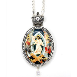 Brass panagia in silver with printed image and chain