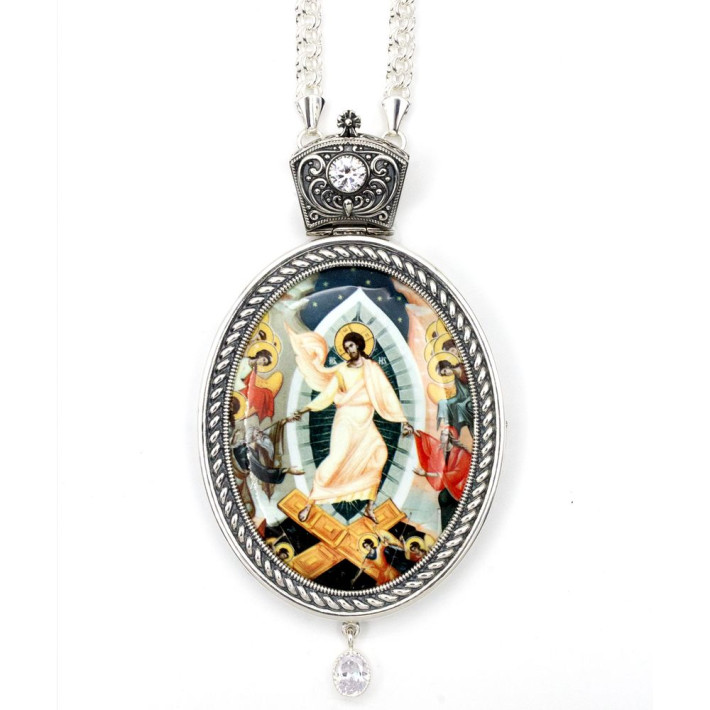 Brass panagia in silver with printed image and chain